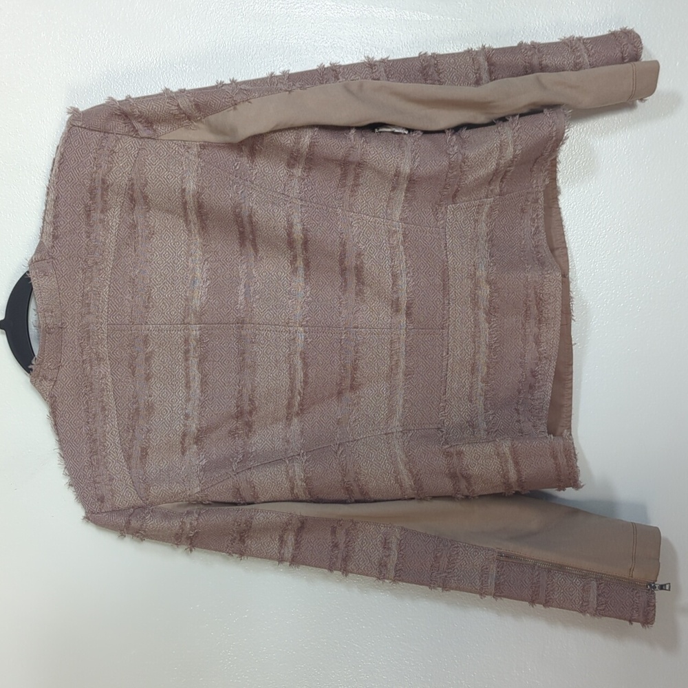 NWOT BCBGMaxAzria Brown Beige Mixed Media Fringe Moto Zipper Jacket Medium - Picture 2 of 7